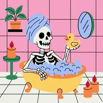 Funny Skeleton Taking a Bubble Bath with Rubber Duck Illustrazione stock