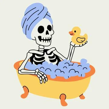 Funny Skeleton Taking a Bubble Bath with Rubber Duck Illustrazione stock