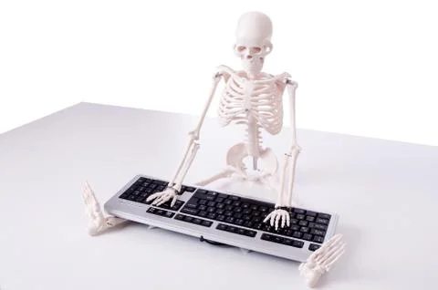 Funny Skeleton working on computer Stock Photos