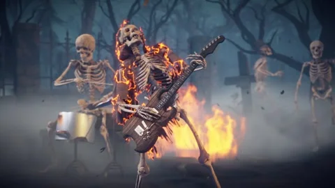 Funny skeletons dancing, playing guitars and drums. Stock Footage 288528483