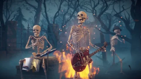 Funny skeletons dancing, playing guitars and drums. Stock Footage 288528486