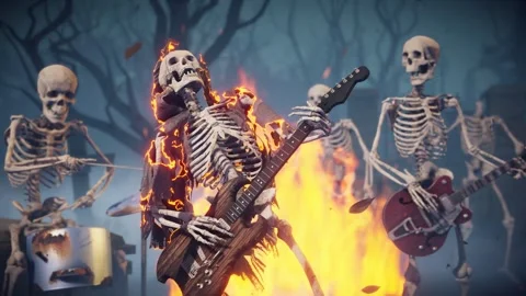 Funny skeletons dancing, playing guitars and drums. Stock Footage 288528489