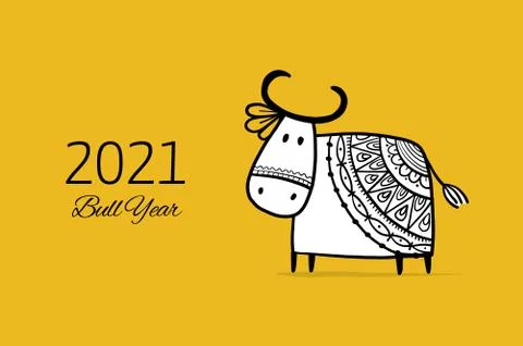 Funny sketch bull. Lunar horoscope sign. Happy new year 2021. Bull, ox, cow Stock Illustration