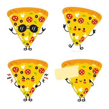 Funny Slice of pizza characters bundle set. Vector hand drawn doodle style .. Stock Illustration