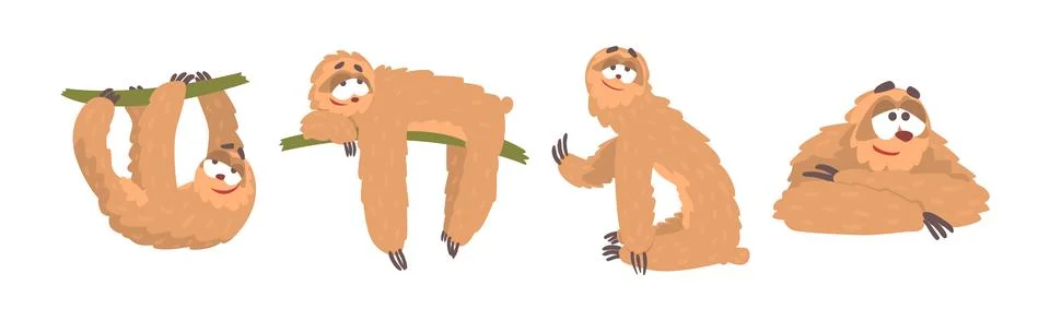 Funny Sloth Character Engaged in Different Activity Vector Set Stock Illustration