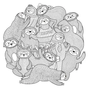 Funny sloths circle shape pattern for coloring book Stock Illustration