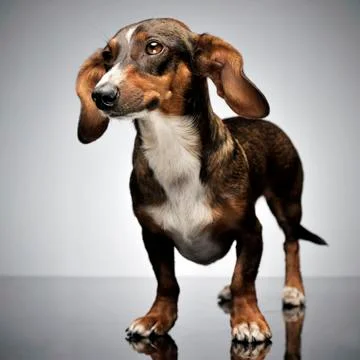 Funny small mixed breed dox with flying ears standing in gray studio Stock Photos