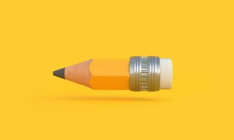 Funny small sharp wooden pencil with rubber eraser flying on yellow backgrond Illustrazione stock