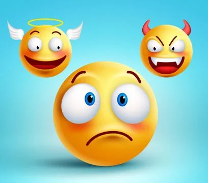 Funny smiley vector character thinking choice between good angel and bad Stock Illustration