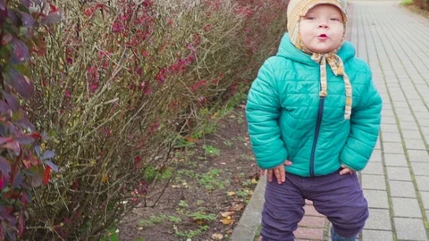 Funny smiling 1 year old boy Walking in the Park at the Sunset with bread in 스톡 동영상 88658395
