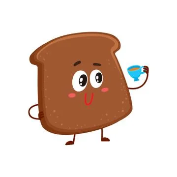 Funny smiling dark, brown bread slice character drinking tea Illustrazione stock