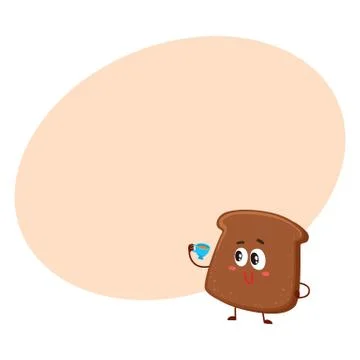Funny smiling dark, brown bread slice character drinking tea Illustrazione stock