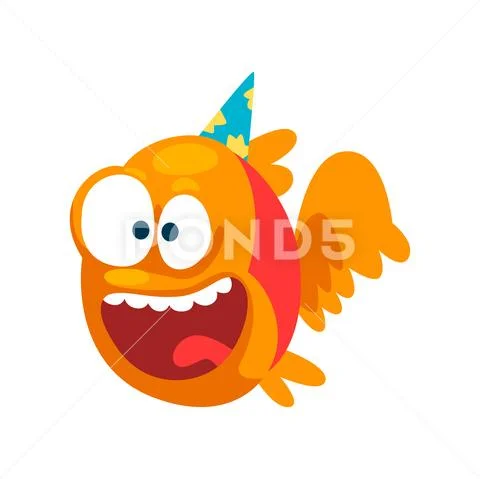 Funny smiling fish in party hat, little sea creature character, marine theme Stock Illustration
