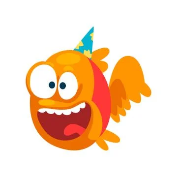 Funny smiling fish in party hat, little sea creature character, marine theme Stock Illustration