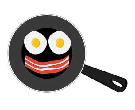 Funny smiling fried eggs and bacon on frying pan like breakfast concept, stoc Stock Illustration