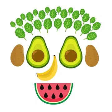 Funny smiling fruit and vegetable face. Funny food mask with avocados instead of Stock Illustration