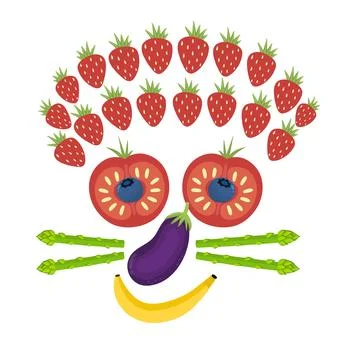 Funny smiling fruit and vegetable face. Funny food mask with tomatoes instead of Stock-Illustration