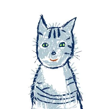Funny smiling grey or blue cat. Crayon, pastel chalk or pencil artistic doodle Stock Illustration