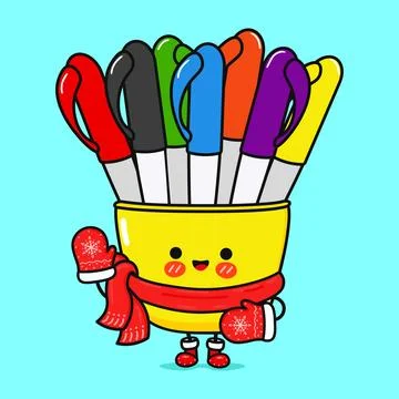 Funny smiling happy Multi-colored pens christmas. Vector flat cartoon chara.. Stock Illustration