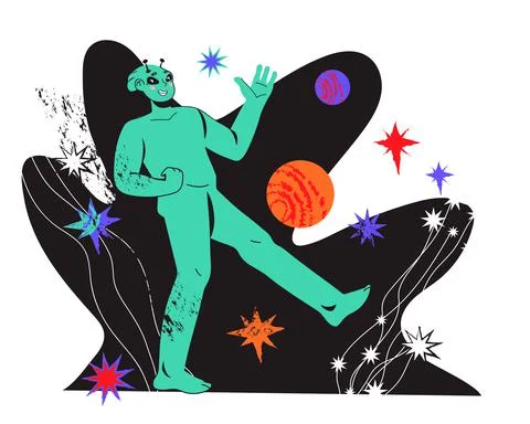 Funny smiling space alien green humanoid among space objects, flat vector. イラスト素材