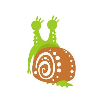 Funny snail character, back view, cute green mollusk hand drawn vector Stock Illustration