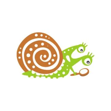 Funny snail character looking through magnifying glass, cute green mollusk hand イラスト素材