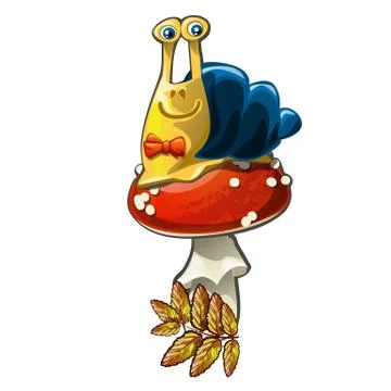 Funny snail on a fly agaric isolated on white background. Vector cartoon close Stock Illustration