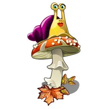 Funny snail on a fly agaric isolated on white background. Vector cartoon close Stock Illustration