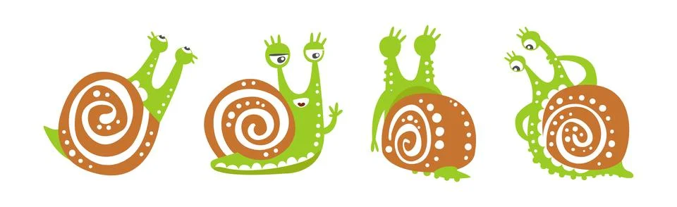 Funny Snail with Spiral Shell Show Different Emotion Vector Set 스톡 일러스트