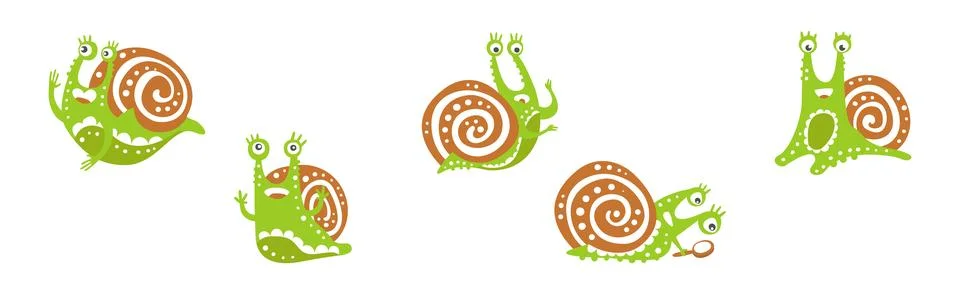 Funny Snail with Spiral Shell Show Different Emotion Vector Set イラスト素材