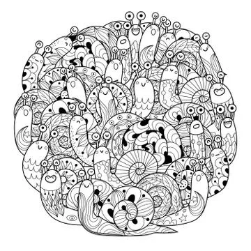 Funny snails circle shape coloring page for adults and kids Stock Illustration