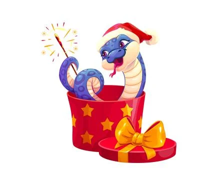 Funny snake character with gift box and firework Stock Illustration