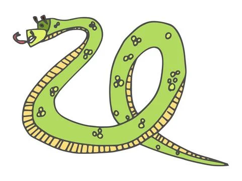 Funny snake doodle character twisted green color Stockillustratie