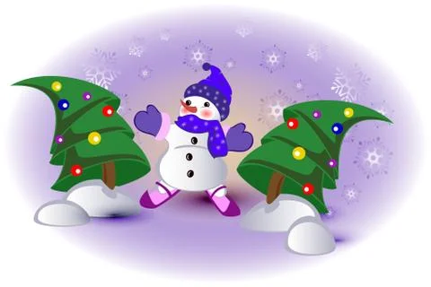 Funny snowman between the Christmas trees. EPS10 vector illustration Illustrazione stock
