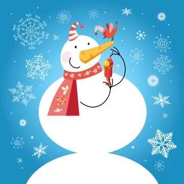 Funny snowman with a bird Illustrazione stock