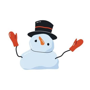 Funny snowman with black top hat red mittens waving hands winter vector chara Stock Illustration
