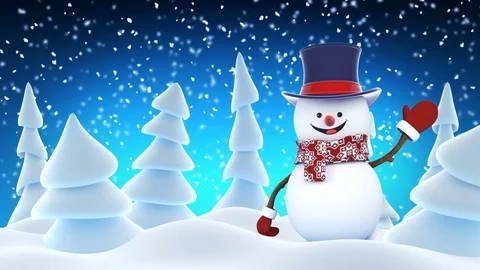 Funny Snowman High-Hat Going on Stage Waving and Smiling in Winter Forest 動画素材 81776884