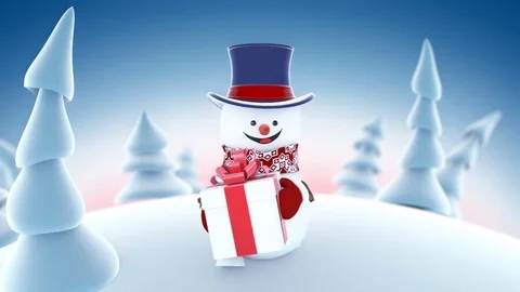 Funny Snowman in High-hat Walking in Winter Forest Holding a Gift Smiling 動画素材 81776727
