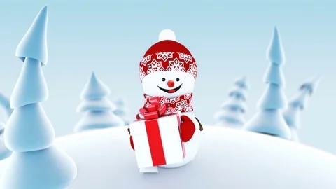 Funny Snowman Walking in Winter Forest Holding a Present Box Smiling. Beautiful Stock Footage 81776675