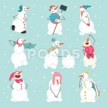 Funny Snowmen Characters Set In Different Situations, Christmas And New Year