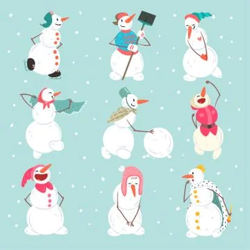 Funny snowmen characters set in different situations, Christmas and New Year Stock Illustration