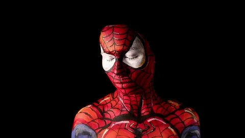 Funny spiderman super hero makeup smiling Stock-Footage 75495067