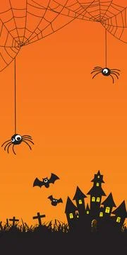Funny spiders with spider web and bats doodle line childish style on orange.. Stock Illustration