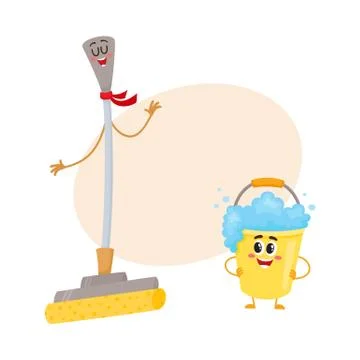 Funny sponge mop and soap foam bucket characters Stock-Illustration