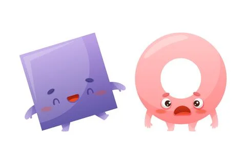 Funny Square and Torus as Geometric Shape Character with Happy and Scared Face Stock Illustration