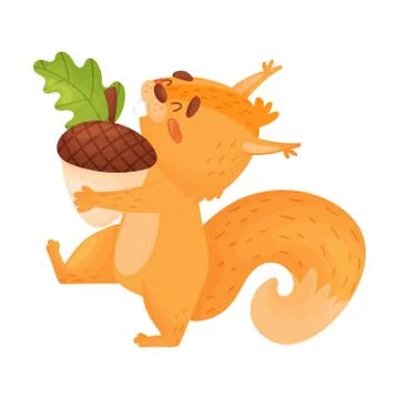 Funny Squirrel Carrying A Nut Vector Illustration On White Background. Stock Illustration