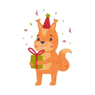 Funny Squirrel Character with Bushy Tail in Birthday Hat Holding Gift Box Vector Stock Illustration