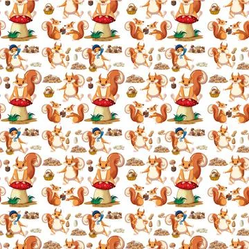 Funny squirrel with nuts on white background seamless Stock Illustration