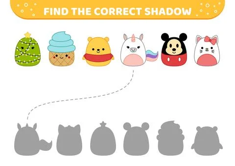 Funny squishmallow animals. Find the correct shadow. Shadow matching game Illustrazione stock
