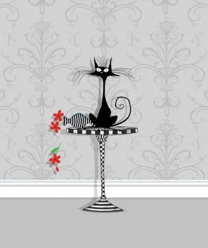 Funny Startled Cat Who Knocks Over a Vase Stock Illustration